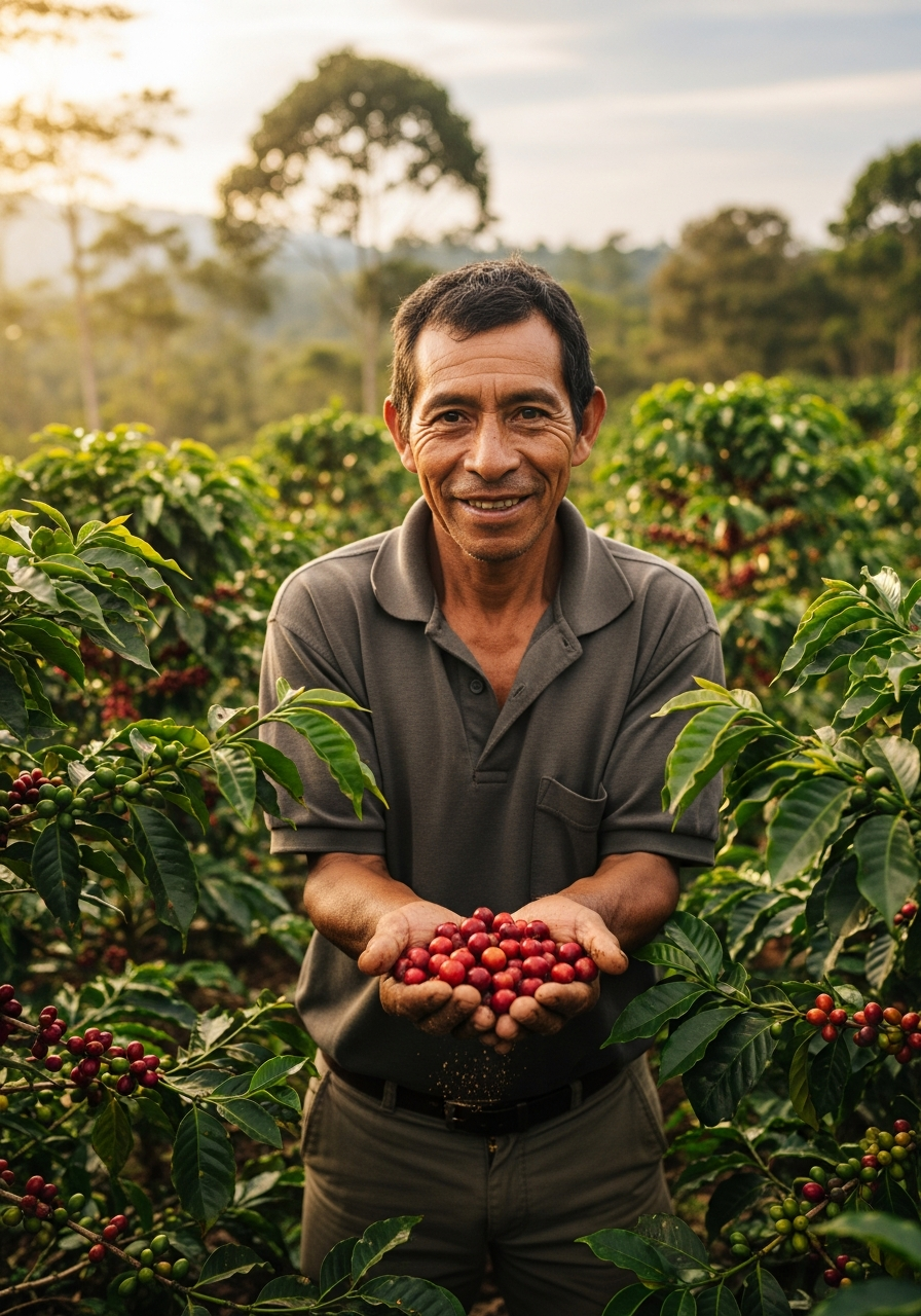 Coffee farmer holding freshly harvested coffee cherries